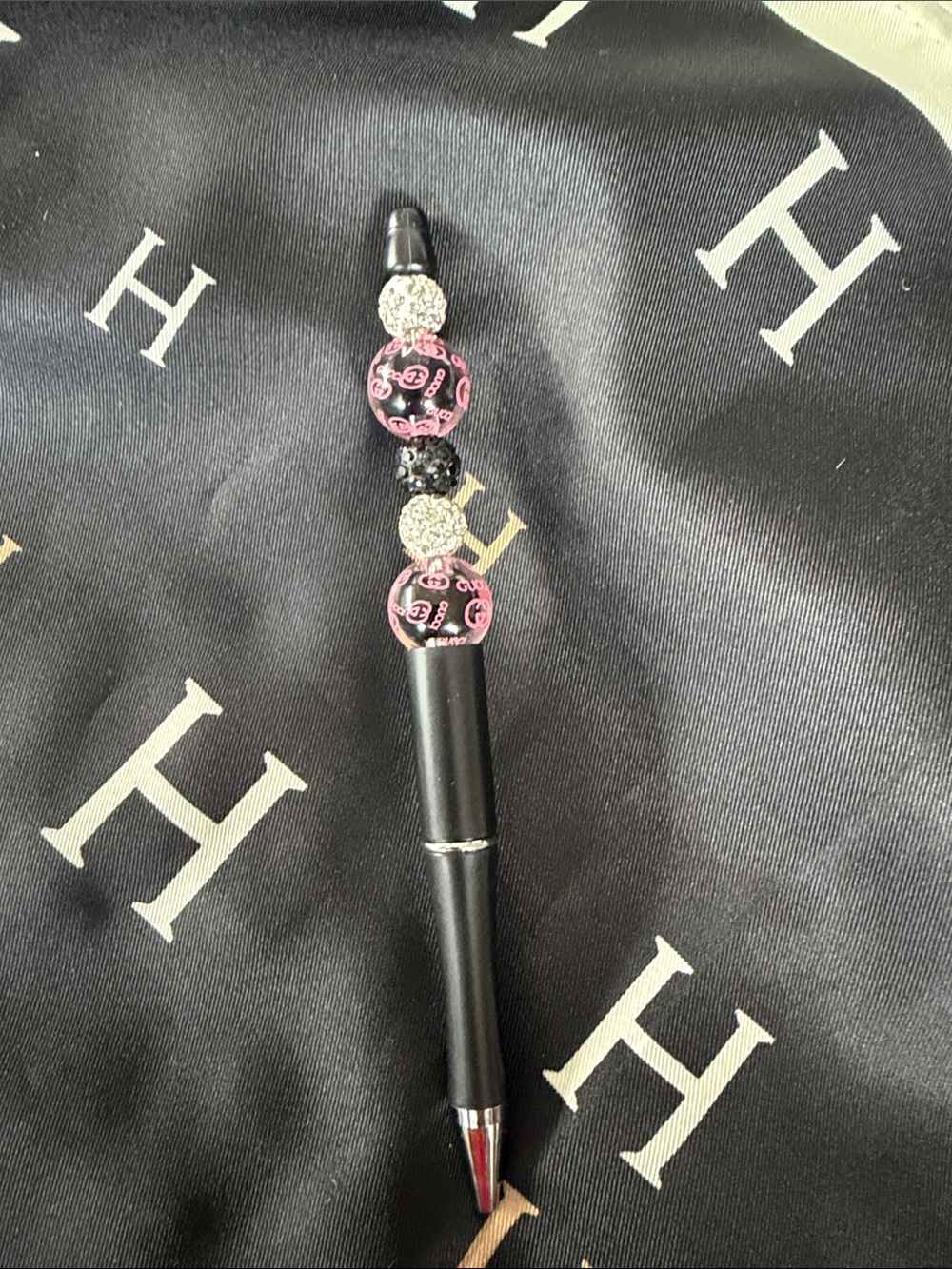 Black Pen with Pink Logo Beads and Crystal Accents